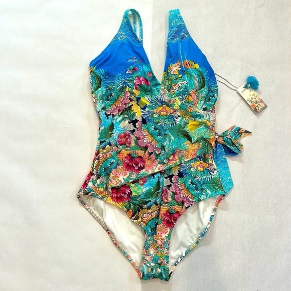 Johnny Was Mixi One Piece Swimsuit Wrap Style In Multi new with tags floral aqua - Picture 2 of 9
